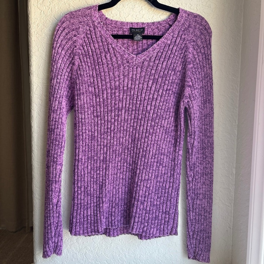 Womens M Sweater Purple Y2K 90s Ribbed V Neck Marled Ramie Cotton Knit Vinage